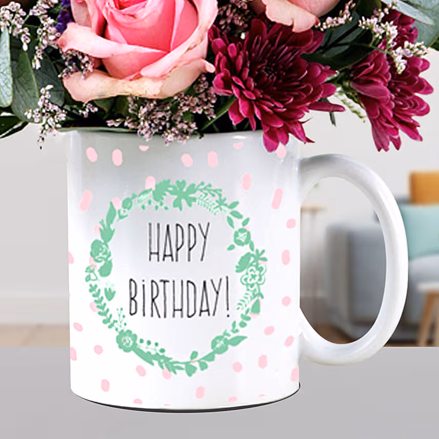 Lovely Mixed Flowers In Birthday Mug