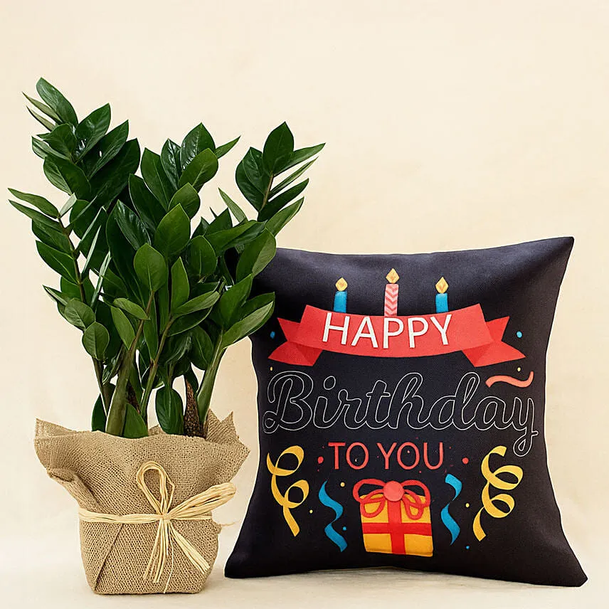 Jute Wrapped Jamia Plant With Personalised Birthday Candle Cushion