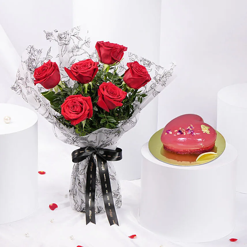 Valentine 6 Roses and Heart Shape Cake