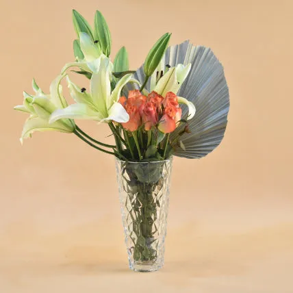 Lilies & Roses Designer Glass Vase