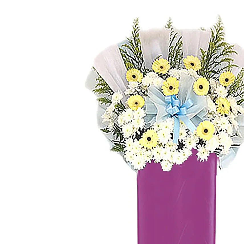 Cream Gerberas White Pom In Lovely Pink Stand