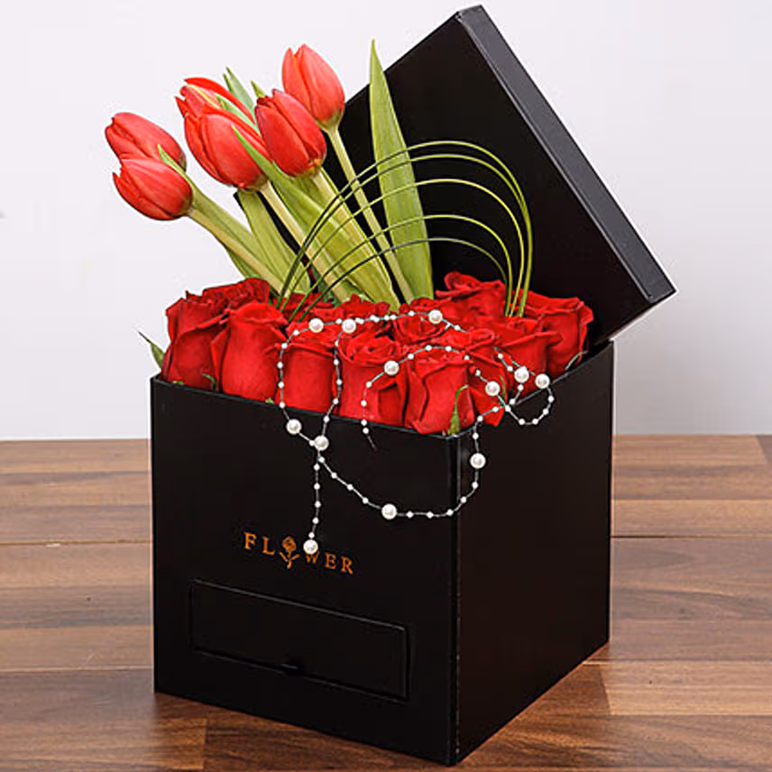 Stylish Box Of Chocolates and Red Flowers