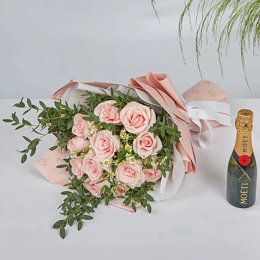 Titanic Rose Chamomile Bouquet With Mini Moet Champagne For Love