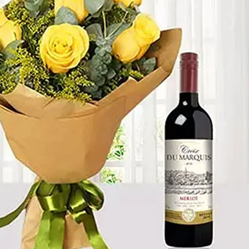 Yellow Roses Bouquet N Wine Combo