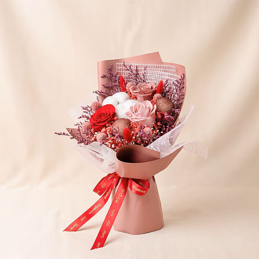 Rustic Crimson Preserved Rose & Cotton Bouquet