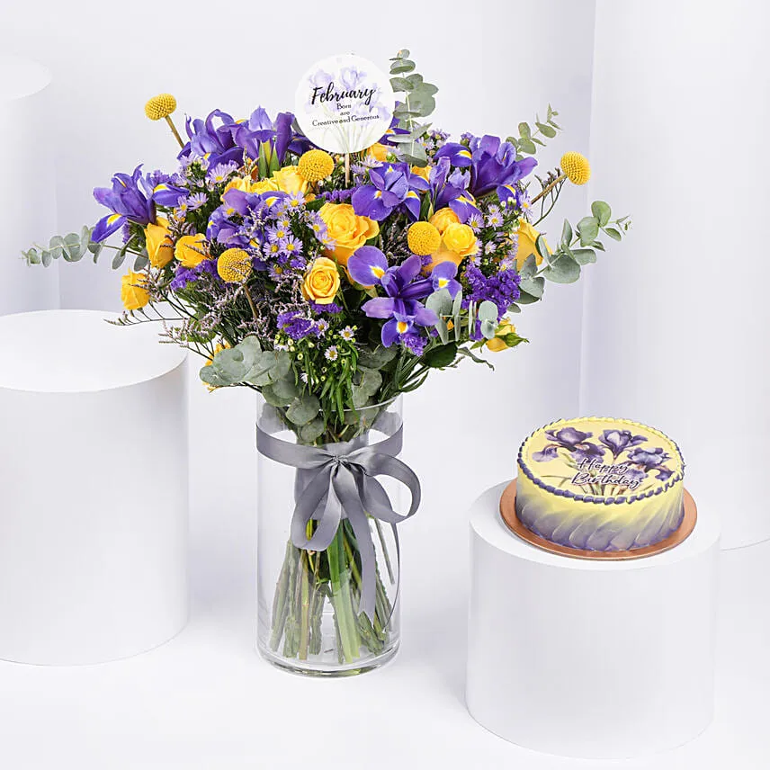 February Birthday Iris Flowers Arrangement with Cake