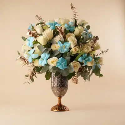 Deluxe Roses n Sky-Blue Tulips Vase