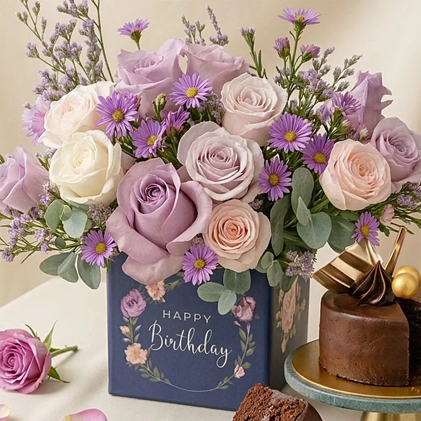 Birthday Roses Arrangement and Chocolate Cake