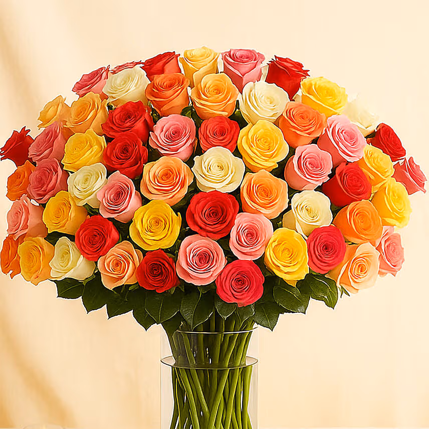 Bunch of 99 Mixed Roses In Glass Vase