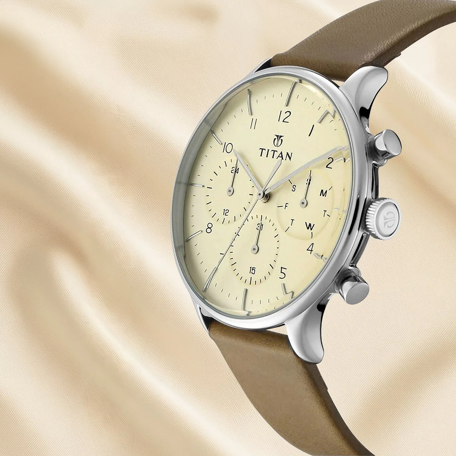 Titan White Dial Quartz Multifunction Watch with Leather Strap for Men, Accompanied by Elegant Purple Roses