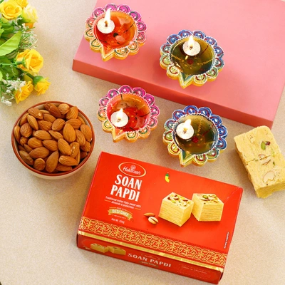 Festive Multi-Color Diyas with Soan Papdi and Almonds Gift Set