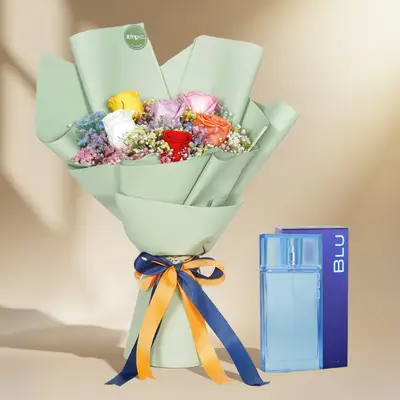Elegant Mixed Roses Bouquet with Blu Eau De Parfum for Him