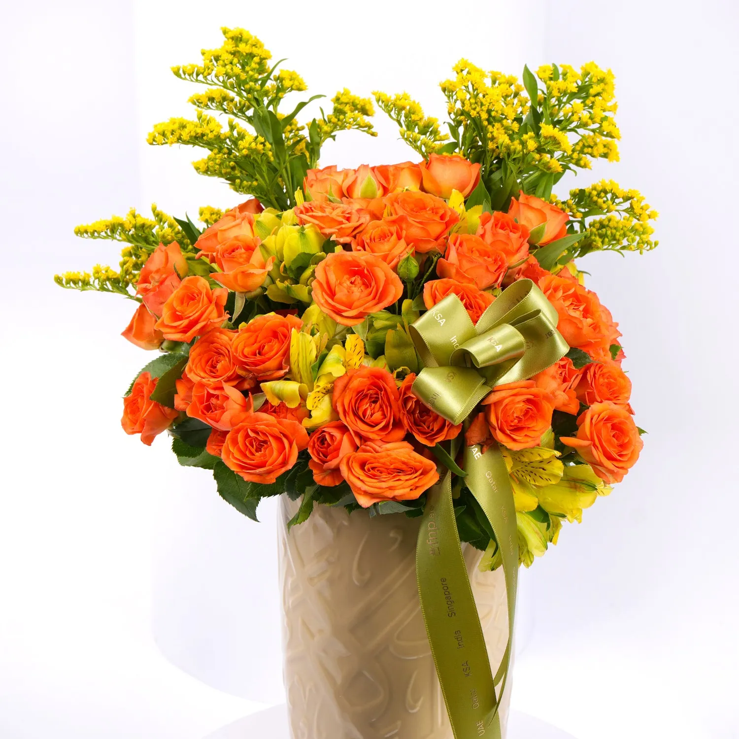 Otantik Home - Elegant Medium Decorative Vase with Orange Roses - Ivory & Gold