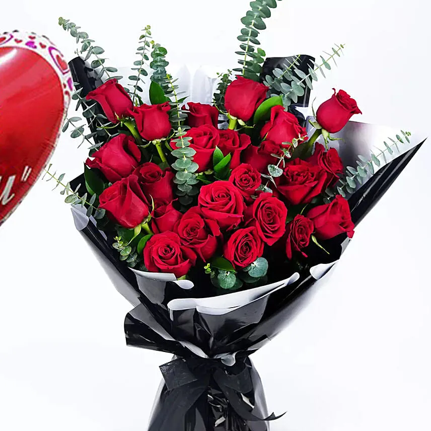 24 Red Rose Bouquet With Balloons