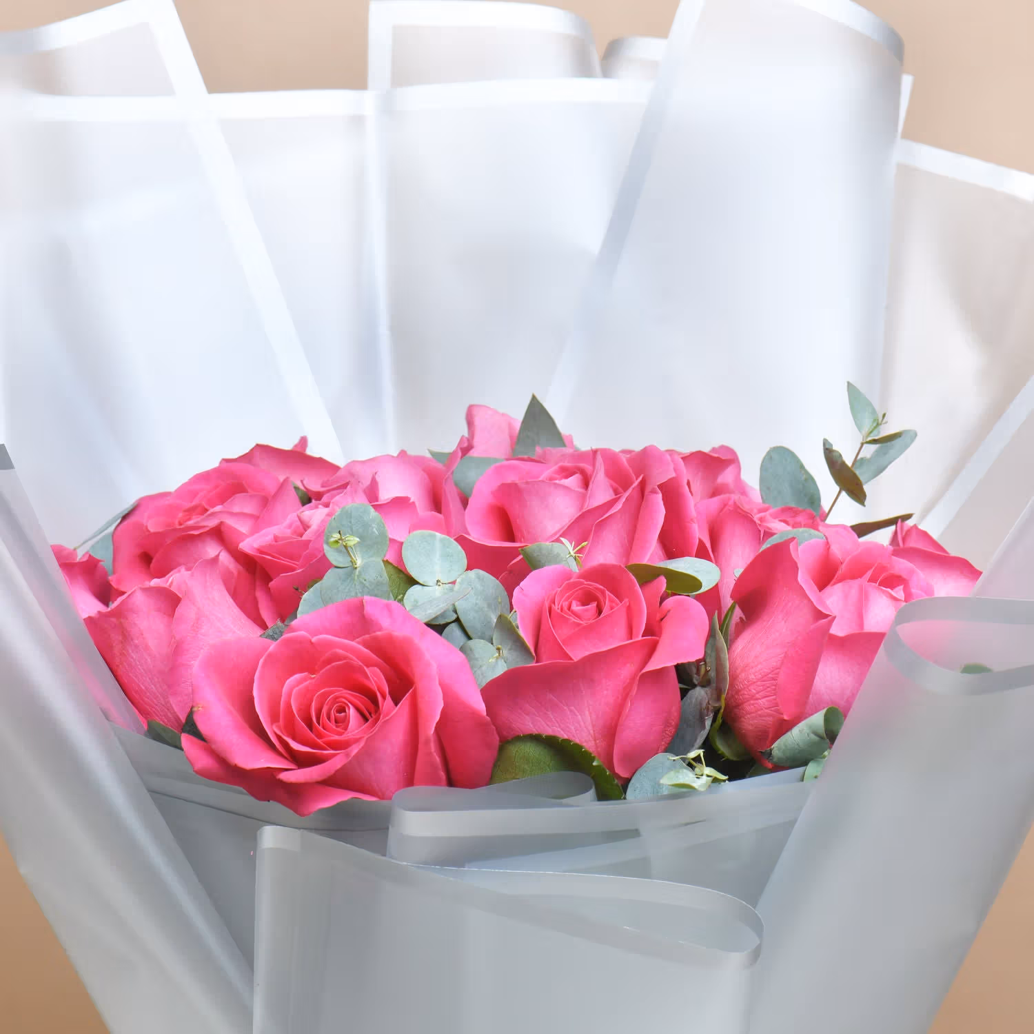 Elegant Bouquet of Rosy Hues: Dark Pink Roses with Eucalyptus