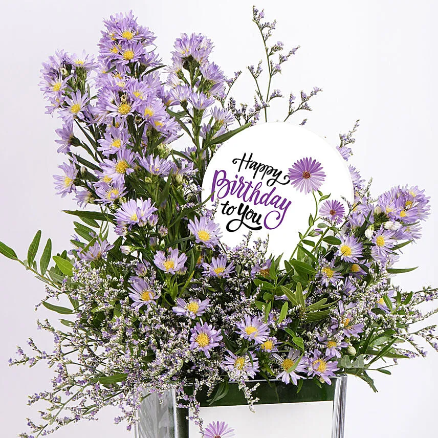 September Birthday Aster Flowers Wishes in Vase