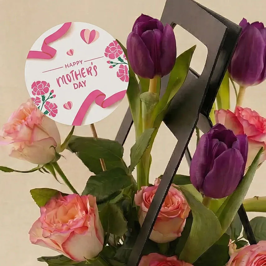Premium Purple Tulips & Rose Hut Box with Chocolates for Mom