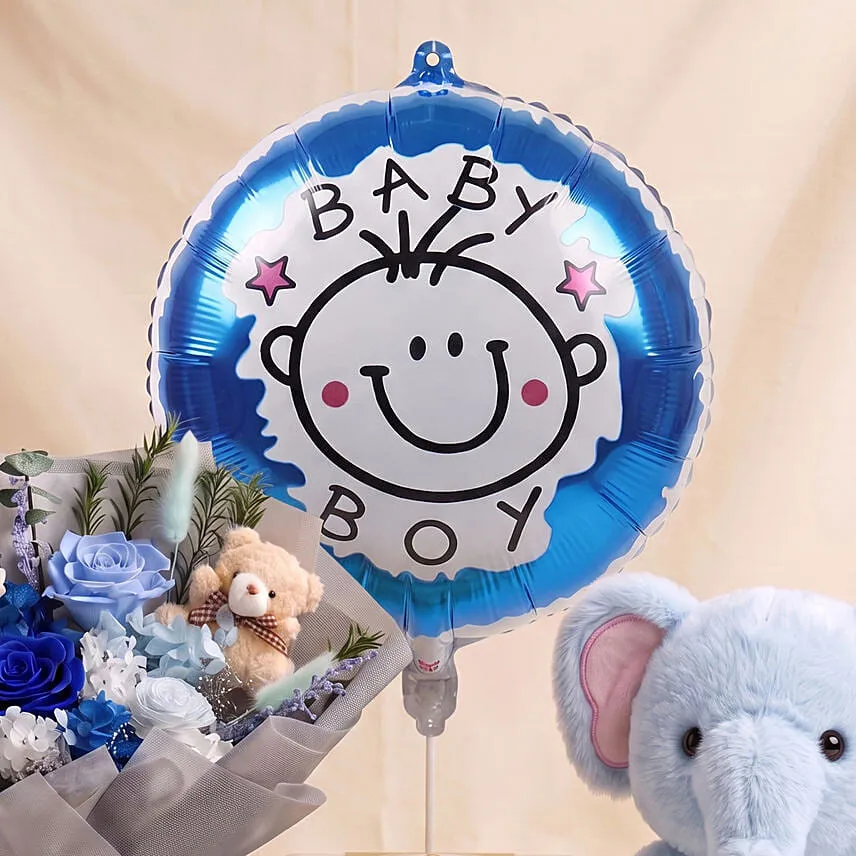 Preserved Roses Bouquet with Teddy Bear for Baby Boy