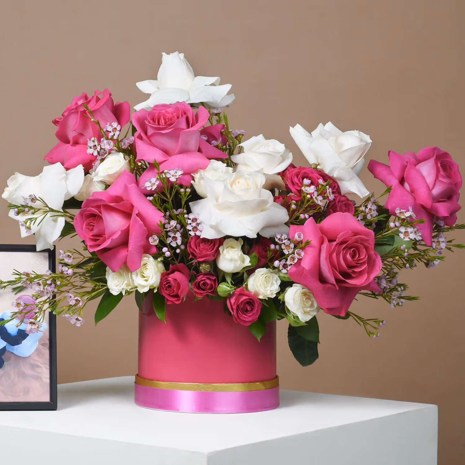Elegant Romantic Floral Arrangement with Personalized Photo Frame