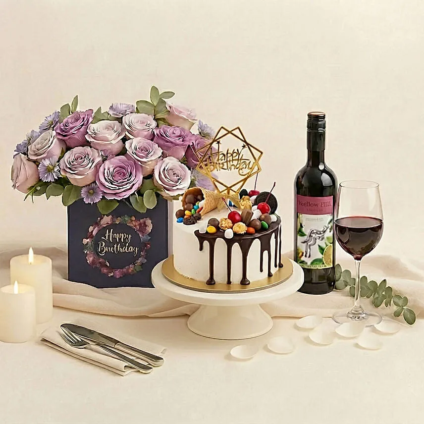 Birthday Gift Set - Roses Cake & Wine Combo