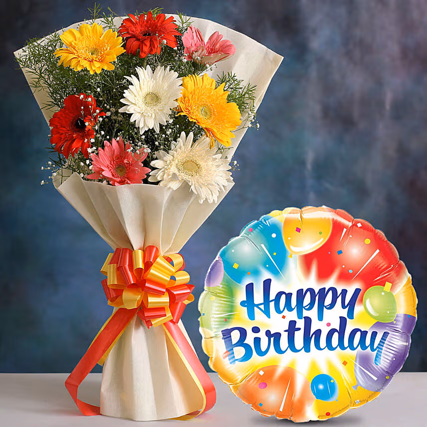 Mixed Brilliance Gerbera Blossoms with Birthday Balloon