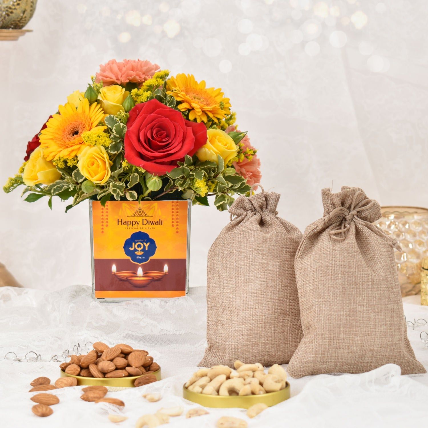 باقة زهور مهرجان ديوالي مع اللوز والكاجو