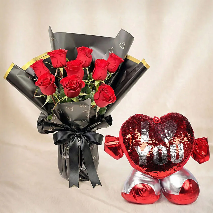 Valentine's Day 9 Roses Bouquet n Cushion Set
