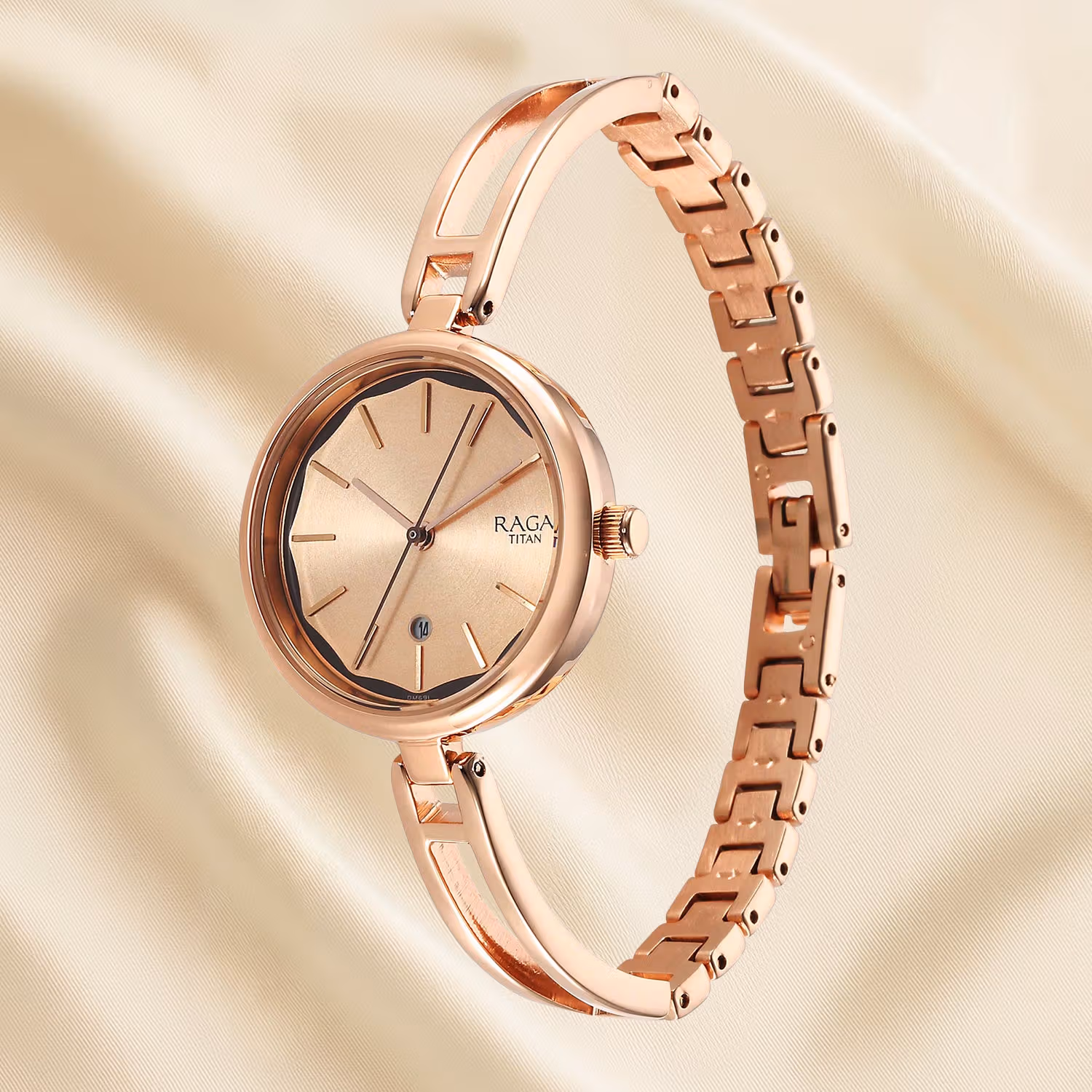 Titan Raga Viva Women's Analog Watch with Date, White Dial, Rose Gold Metal Strap
