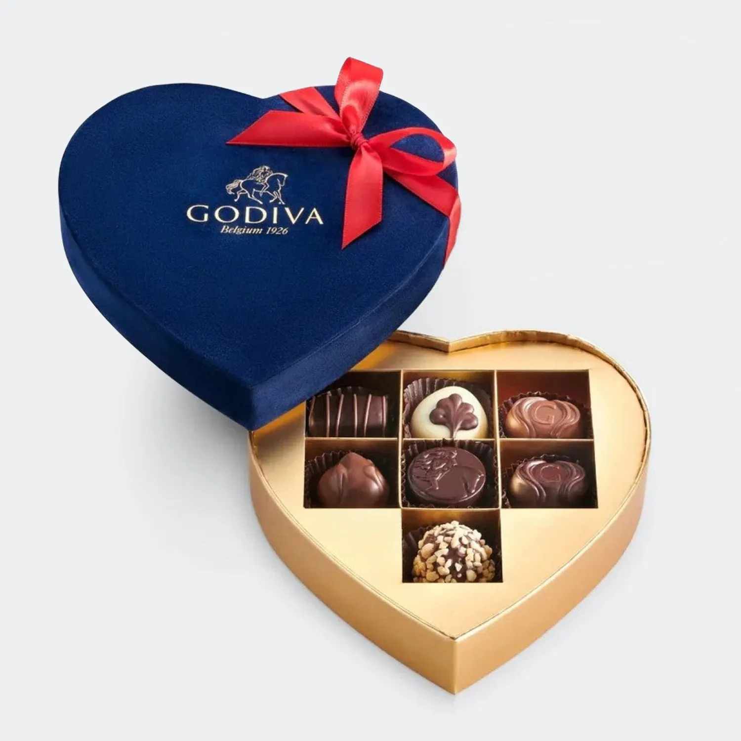 Exquisite Godiva Velvet Heart Gift Box with 7 Chocolates & Elegant Bouquet of 6 Red Roses