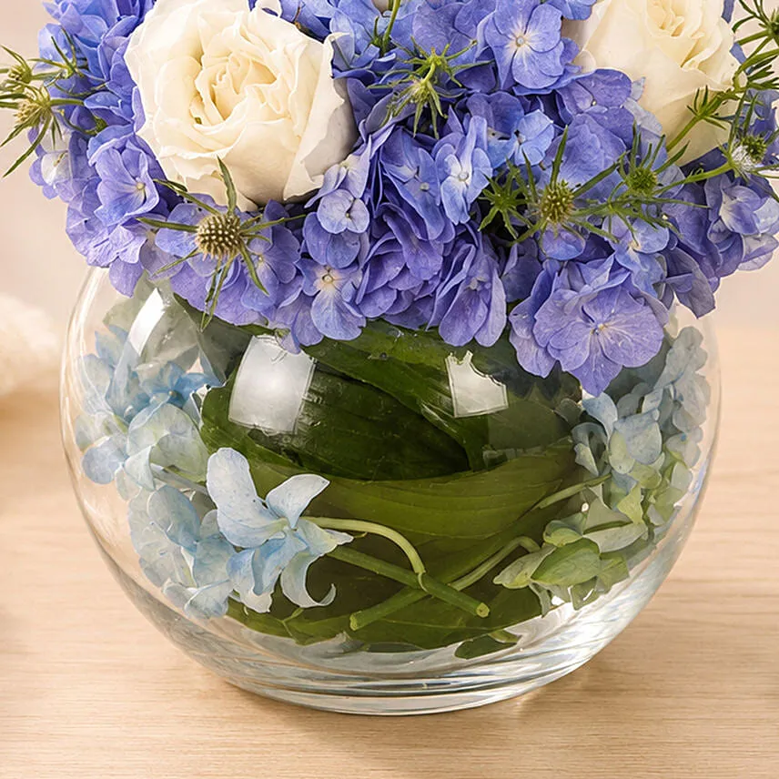 Elegant Blue Hydrangea & White Rose Glass Bowl Arrangement