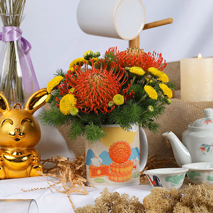 Mid Autumn Flowers in Mug with Pomelo