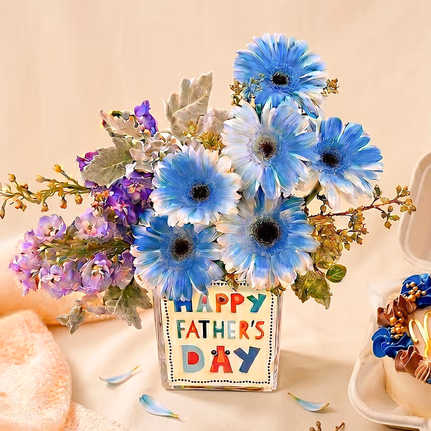 Father's Day Blue Gerbera Vase & Bento Cake Set