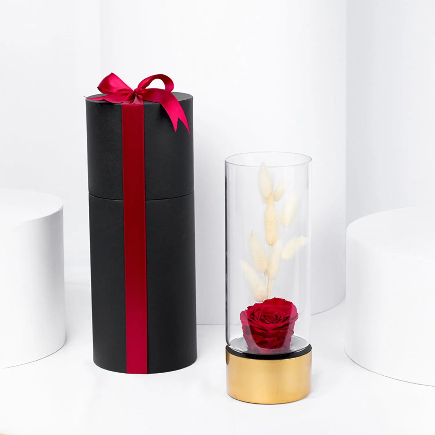 Exquisite Luxury Red Forever Rose in Elegant Gold Glass Vase