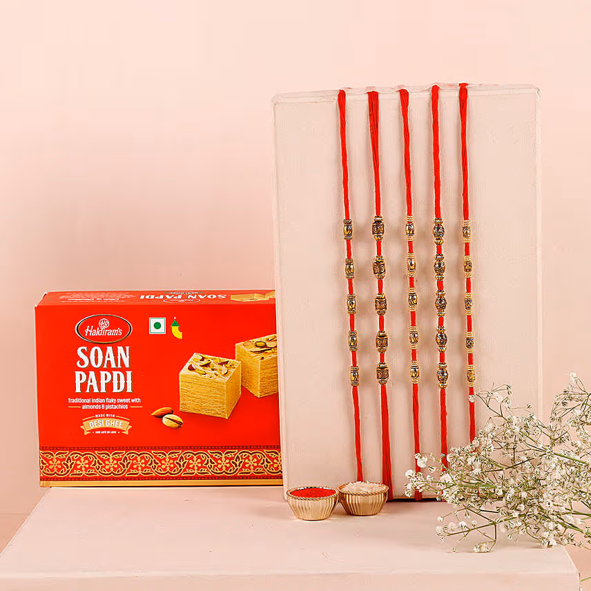 Sneh Brass Rakhi Set & Soan Papdi