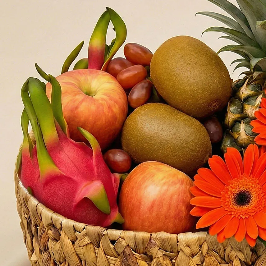 Mixed Flowers & Assorted Fruits Brown Basket