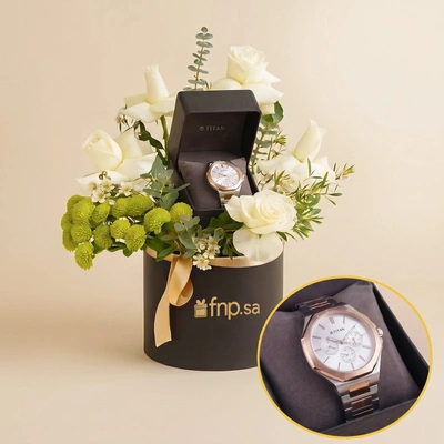 Luxurious Gift Box with Titan Watch and White Rose Bouquet
