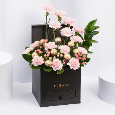Elegant Pink Carnation and Chocolate Gift Box - Arrangement