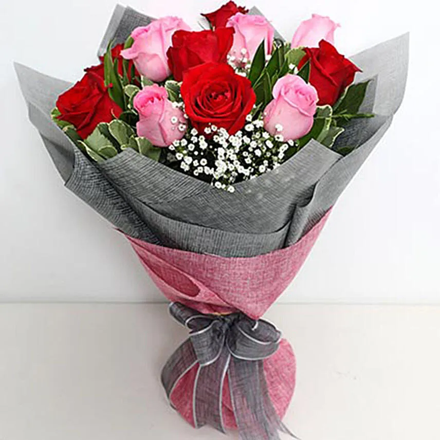 Pink and Red Roses Bouquet With Teddy Bear