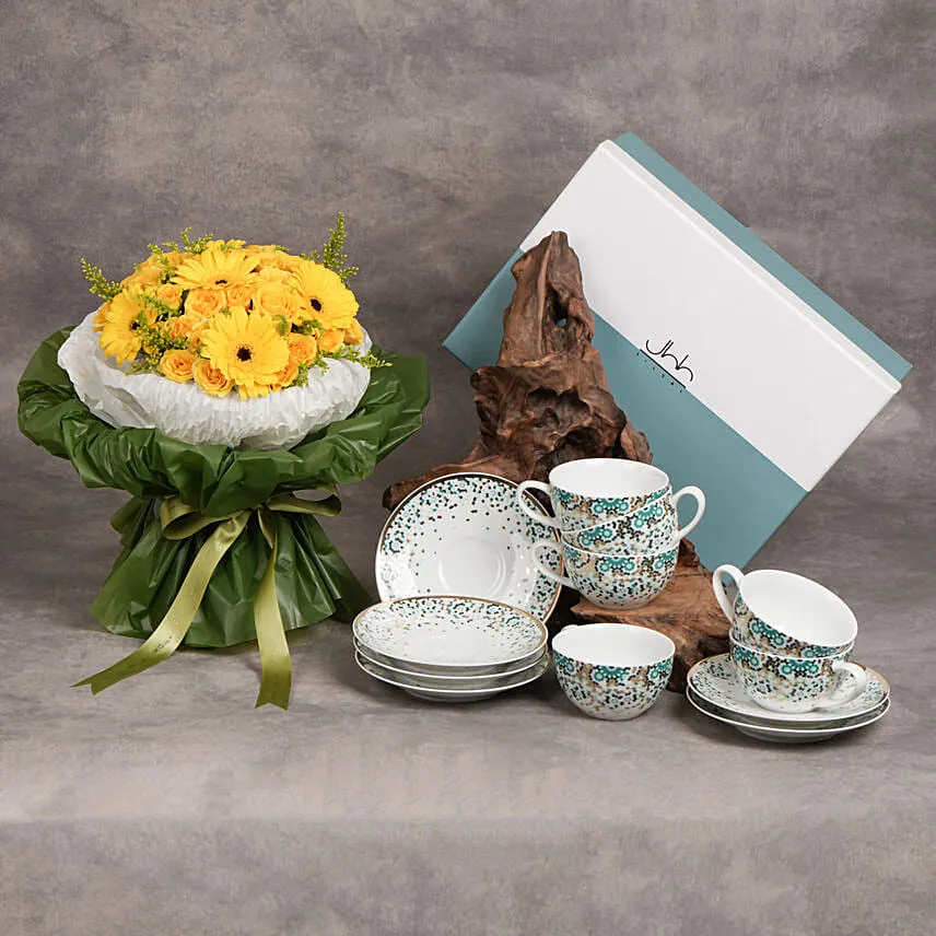 Gift Set Of 6 Mirrors Porcelain Teacups N Saucers Emerald With Flowers