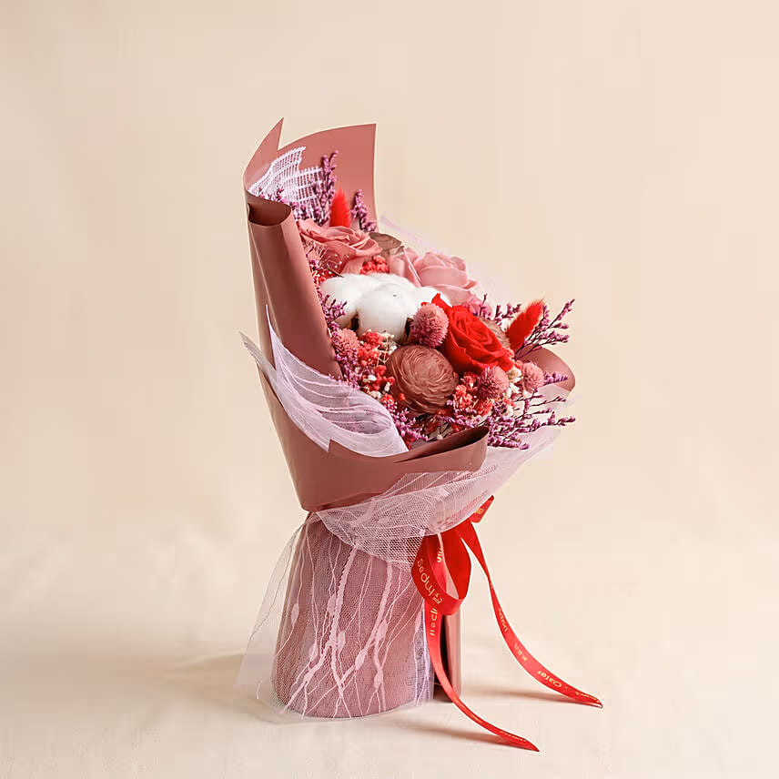 Rustic Crimson Preserved Rose & Cotton Bouquet