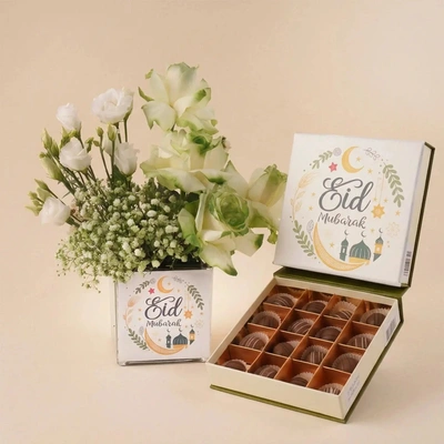 Eid Mubarak White Roses & Chocolate Truffles Gift Set