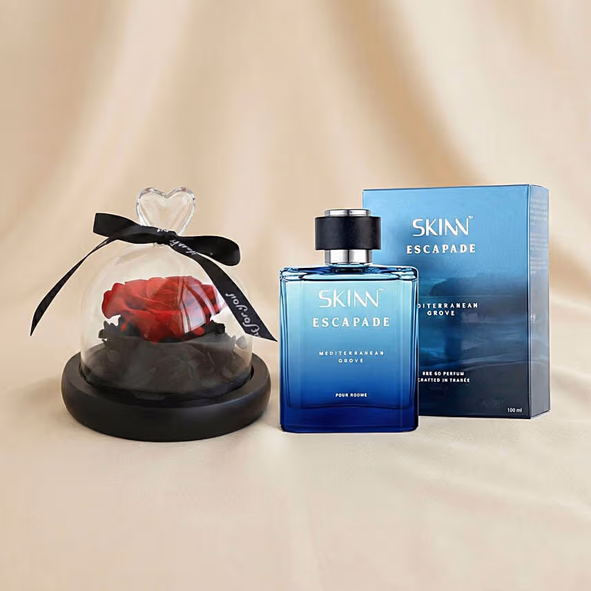Valentine's Day Forever Red Rose n Perfume Gift For Him