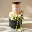 Luxurious Coastal Sunset Woodwick Candle with Ferrero Rocher & White Rose Arrangement