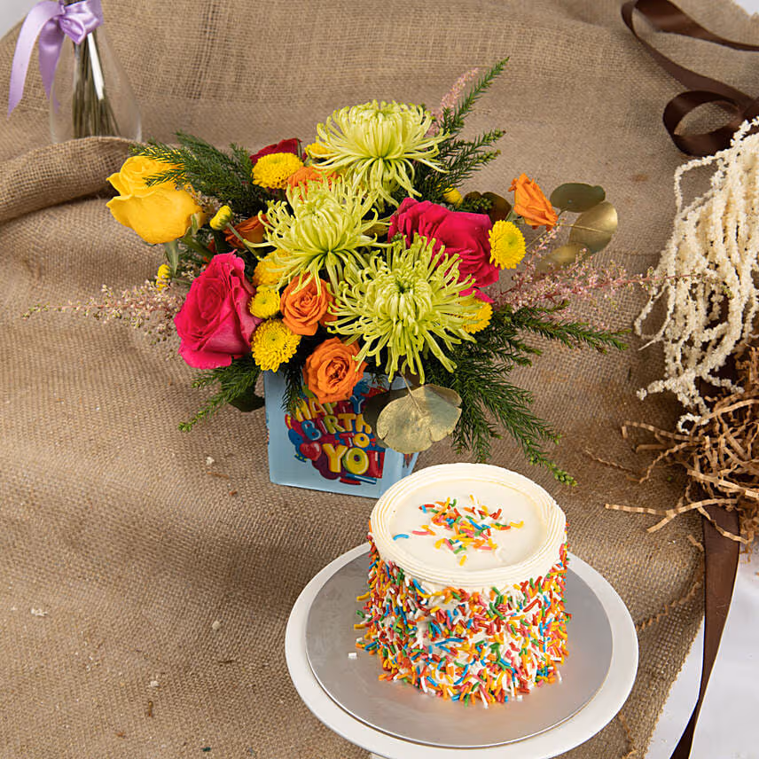 Estatic Birthday Flowers Vase With Cake