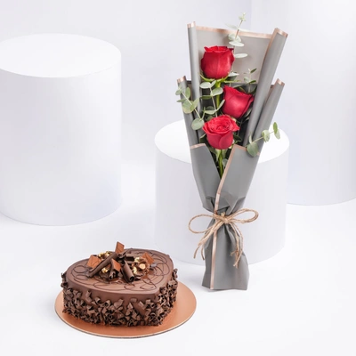Elegant Red Rose Bouquet & Decadent Chocolate Cake Combo