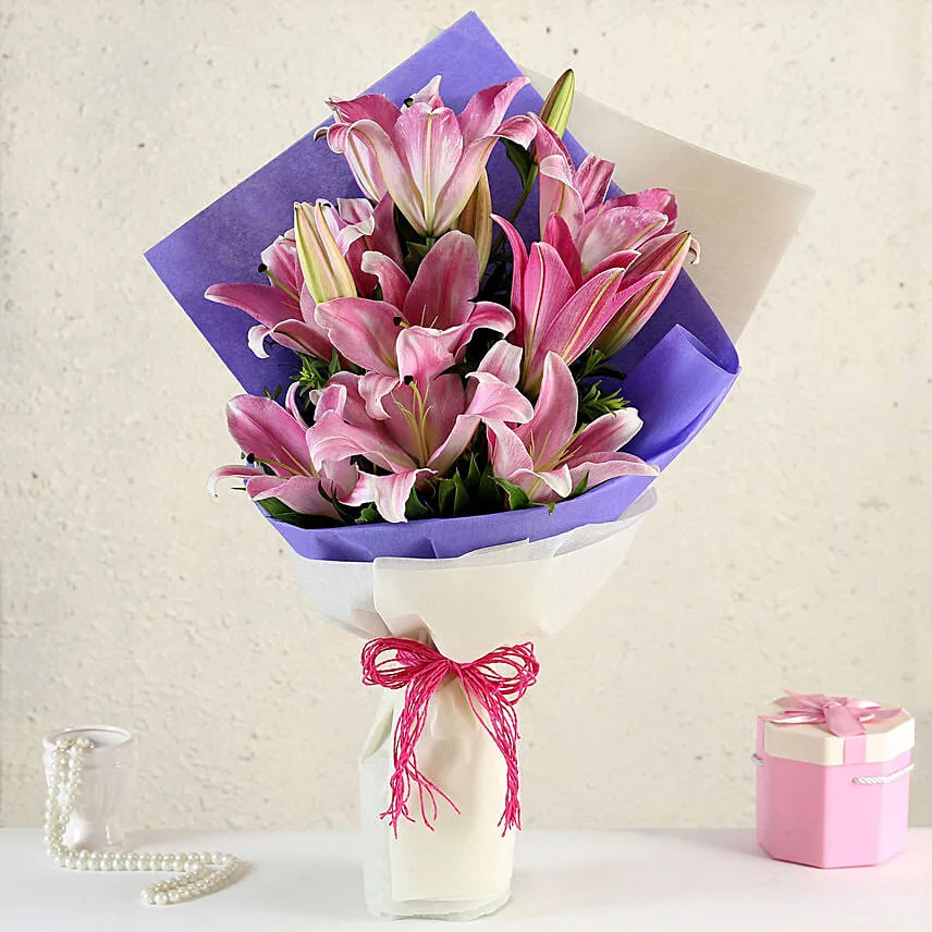 Alluring Pink Oriental Lilies Bouquet with Ferrero Rocher
