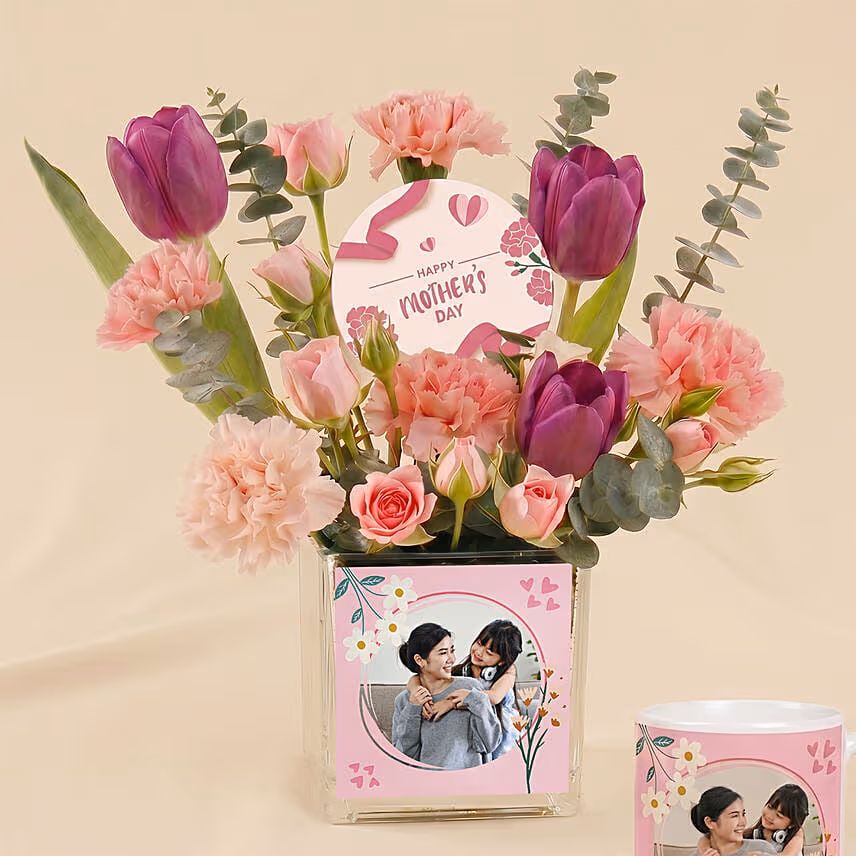 Personalised Flowers Vases Cushion & Mug for Mom