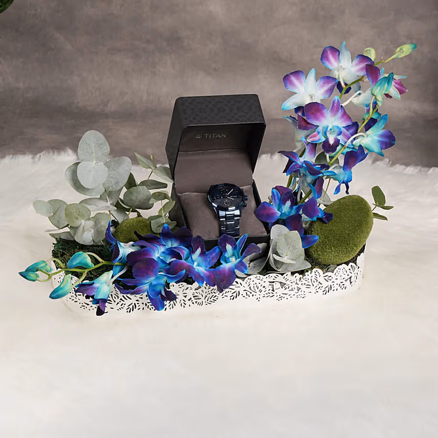 Titan Watch Blue Dial & Flowers for Him