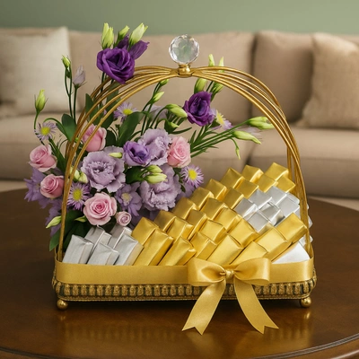 Exquisite Floral Arrangement with Premium Chocolates in an Elegant Cage