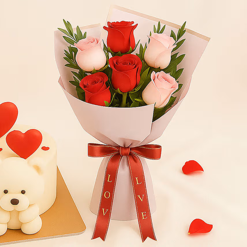 Adorable Teddy Bear Cake and Flowers Bundle